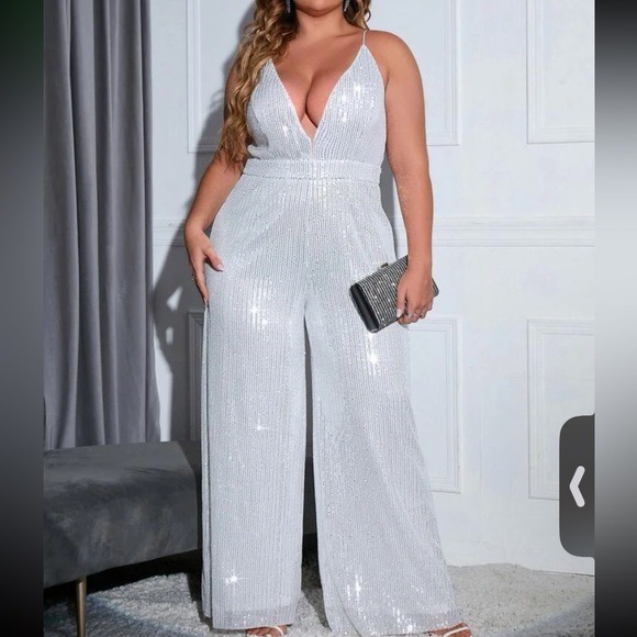 Plus Size Plunging Neck Sequin Cami Jumpsuit - Picture 3 of 9